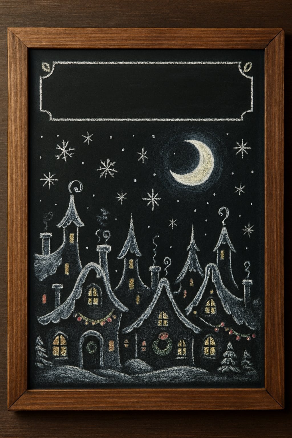 A nighttime city skyline with whimsical buildings and snowflakes above, drawn on a chalkboard inside a wooden frame.