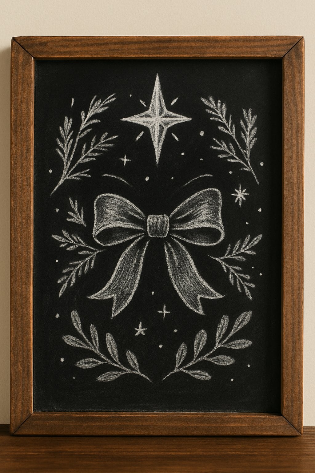 A wood framed chalkboard with festive hand lettered art surrounded by a simple, clean background.