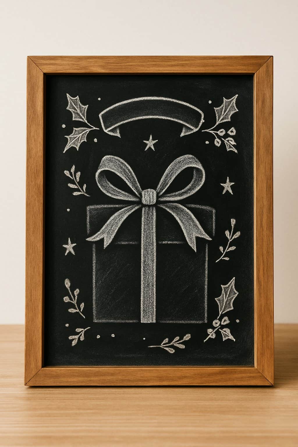 A wood-framed chalkboard sign with artistic chalk drawings of a gift box and ribbon surrounded by simple Christmas decorations on a clean background.