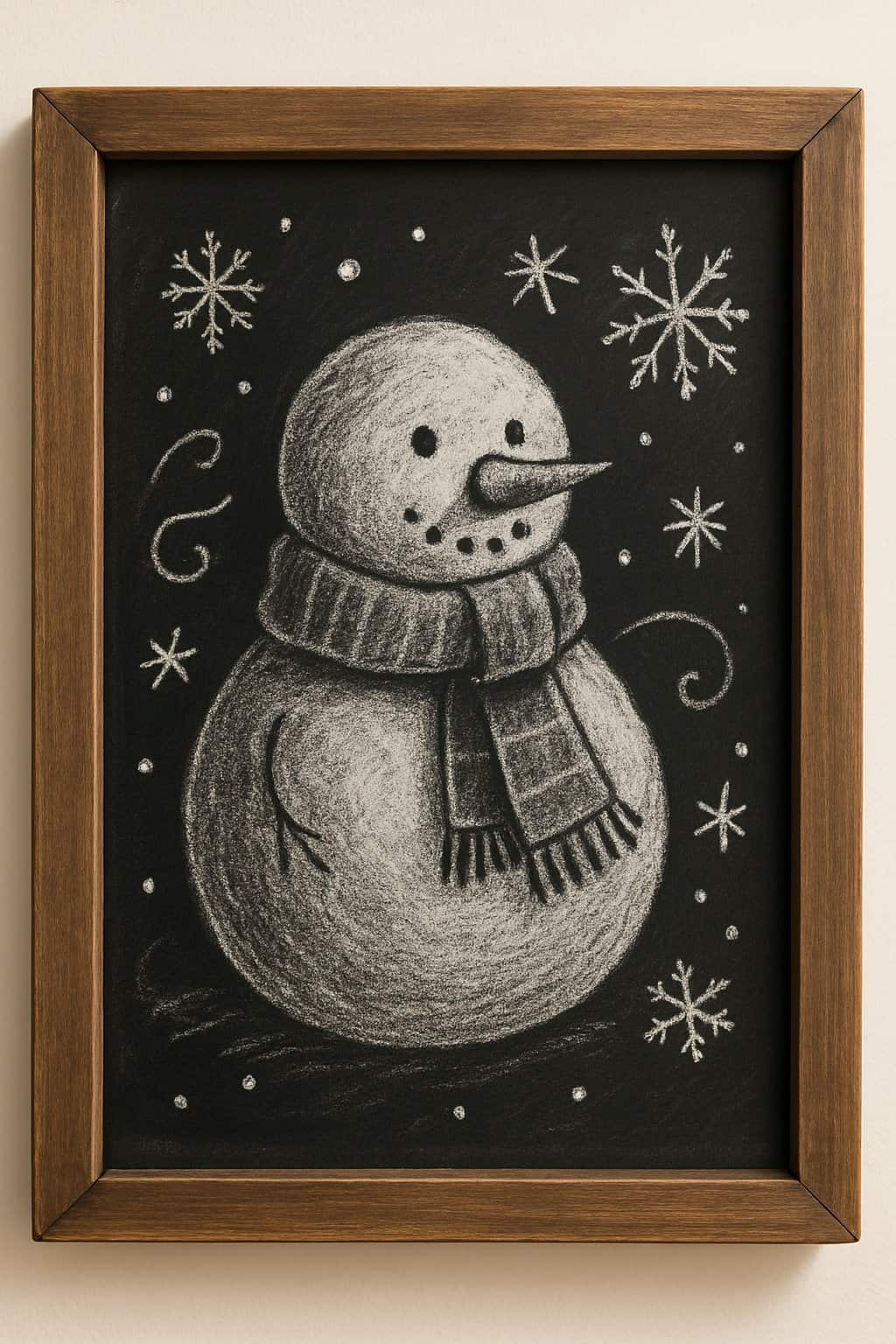 A chalkboard sign with a wood frame showing a snowman wearing a scarf drawn in white chalk on a black background.