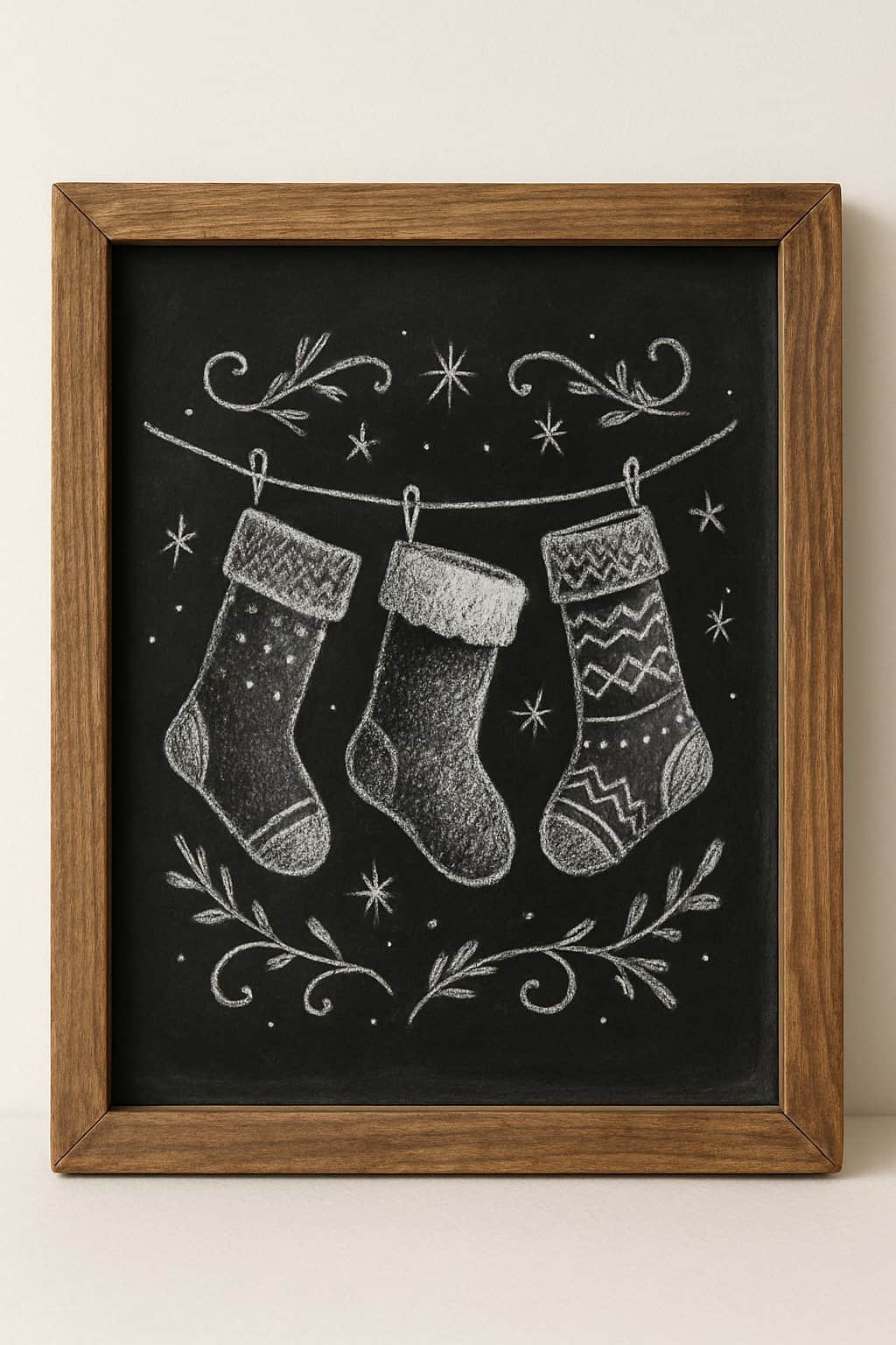 A wood framed chalkboard sign showing a drawing of Christmas stockings hanging on a line.