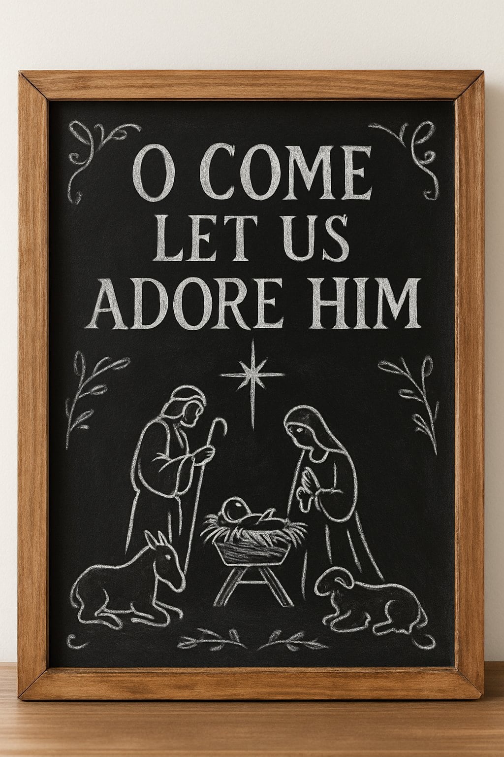 A chalkboard with a simple outline drawing of a nativity scene including Mary, Joseph, baby Jesus in a manger, and a star above.