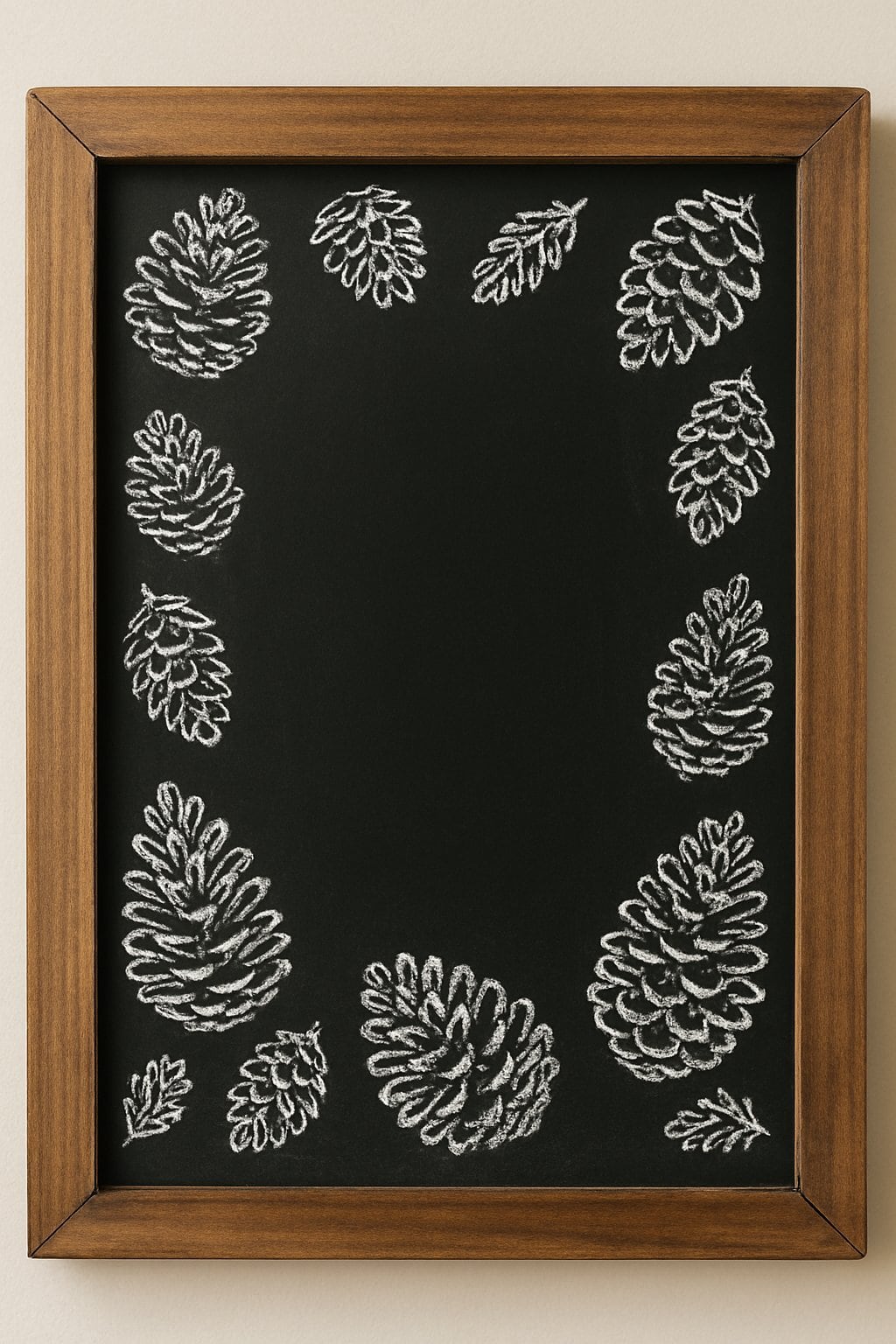 A wood framed chalkboard with simple pine cone drawings arranged around the edges on a clean background.