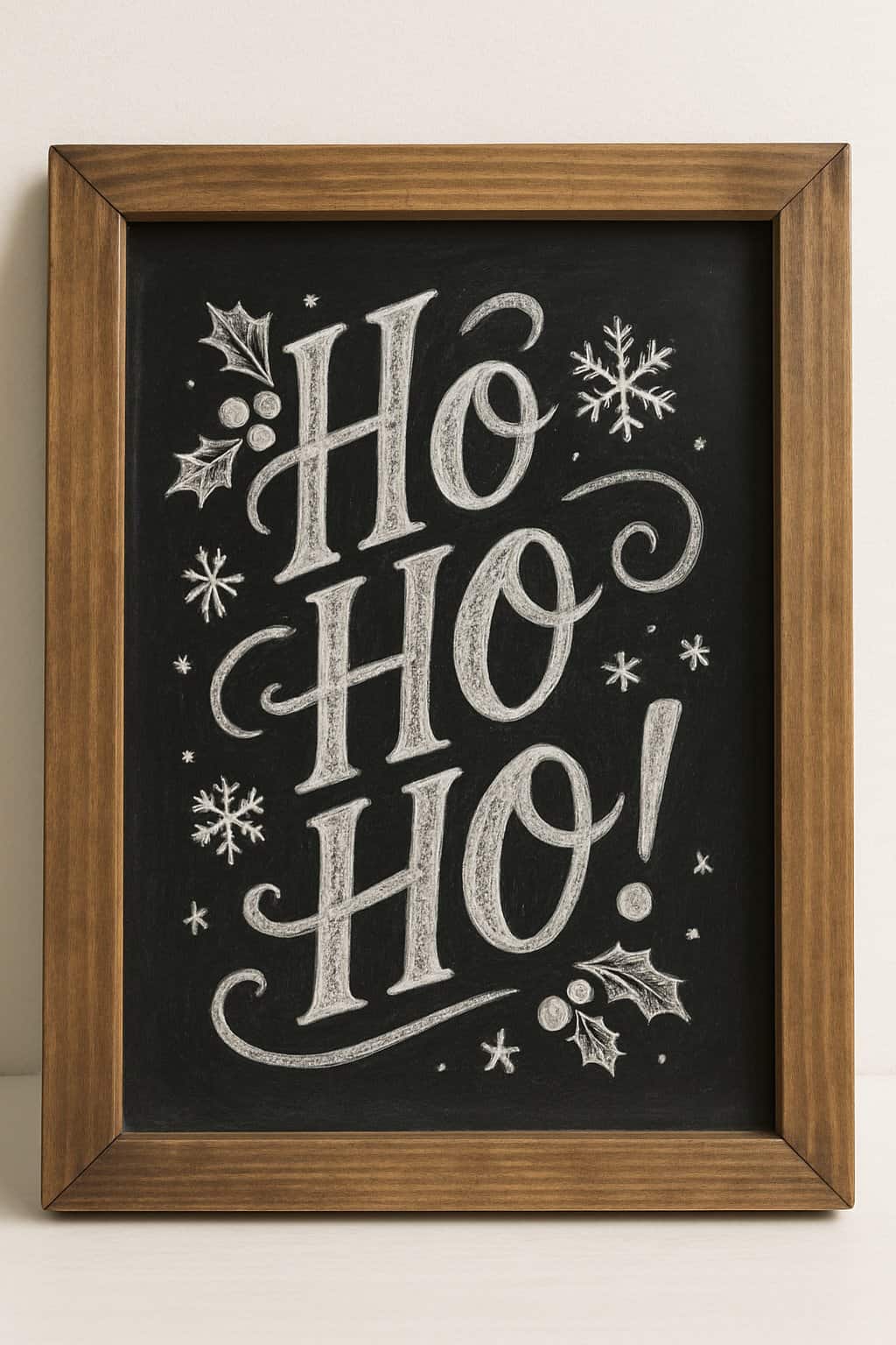 A wood-framed chalkboard sign with festive hand-drawn lettering and seasonal decorative elements on a clean background.