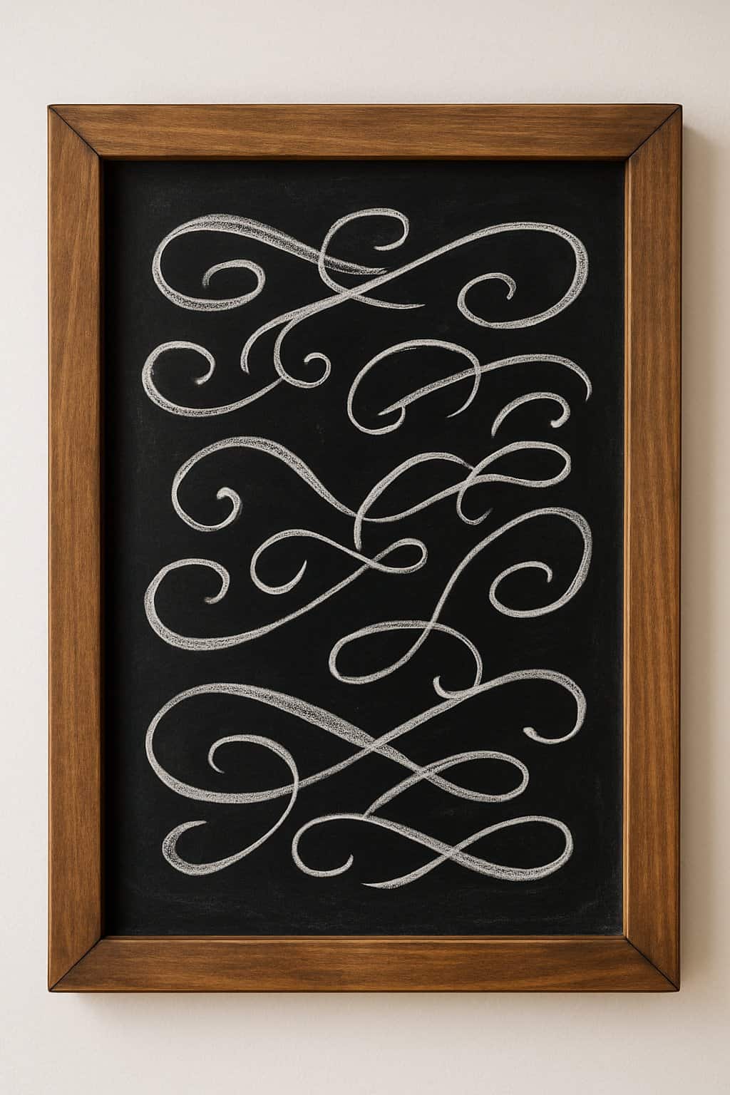 A wooden framed chalkboard with festive ribbon swirl decorations on a clean background, illuminated by natural light.