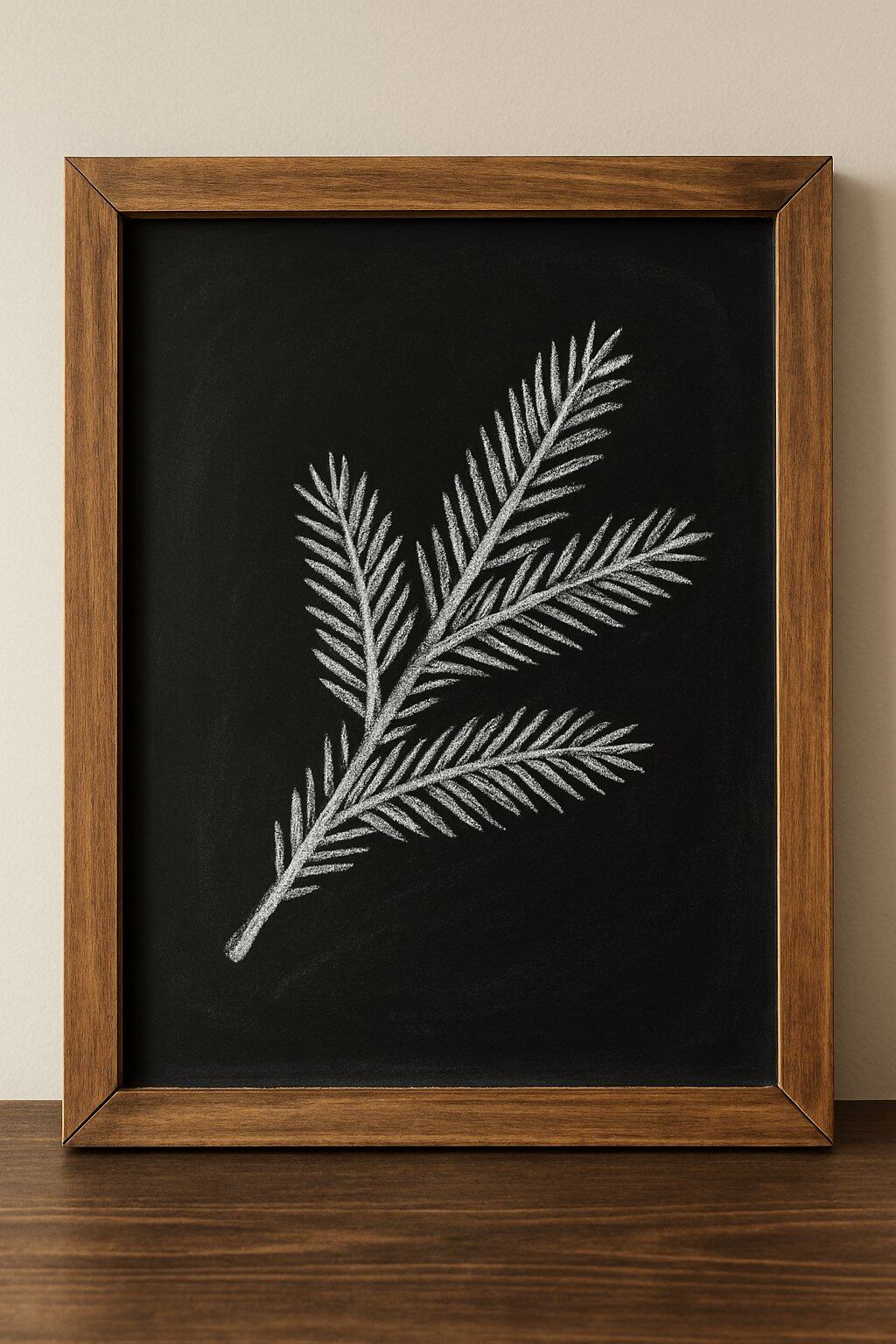 A wood framed chalkboard sign with a detailed sketch of a fir branch on a black background.