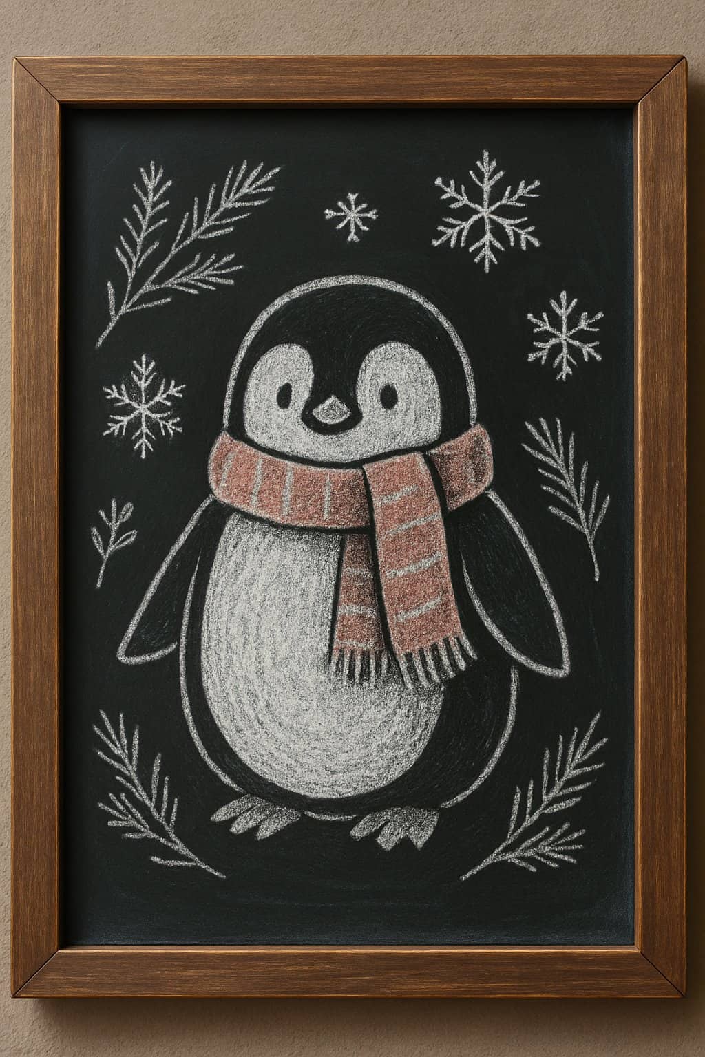 A chalkboard sign with a drawing of a penguin wearing a scarf surrounded by snowflakes and pine branches.