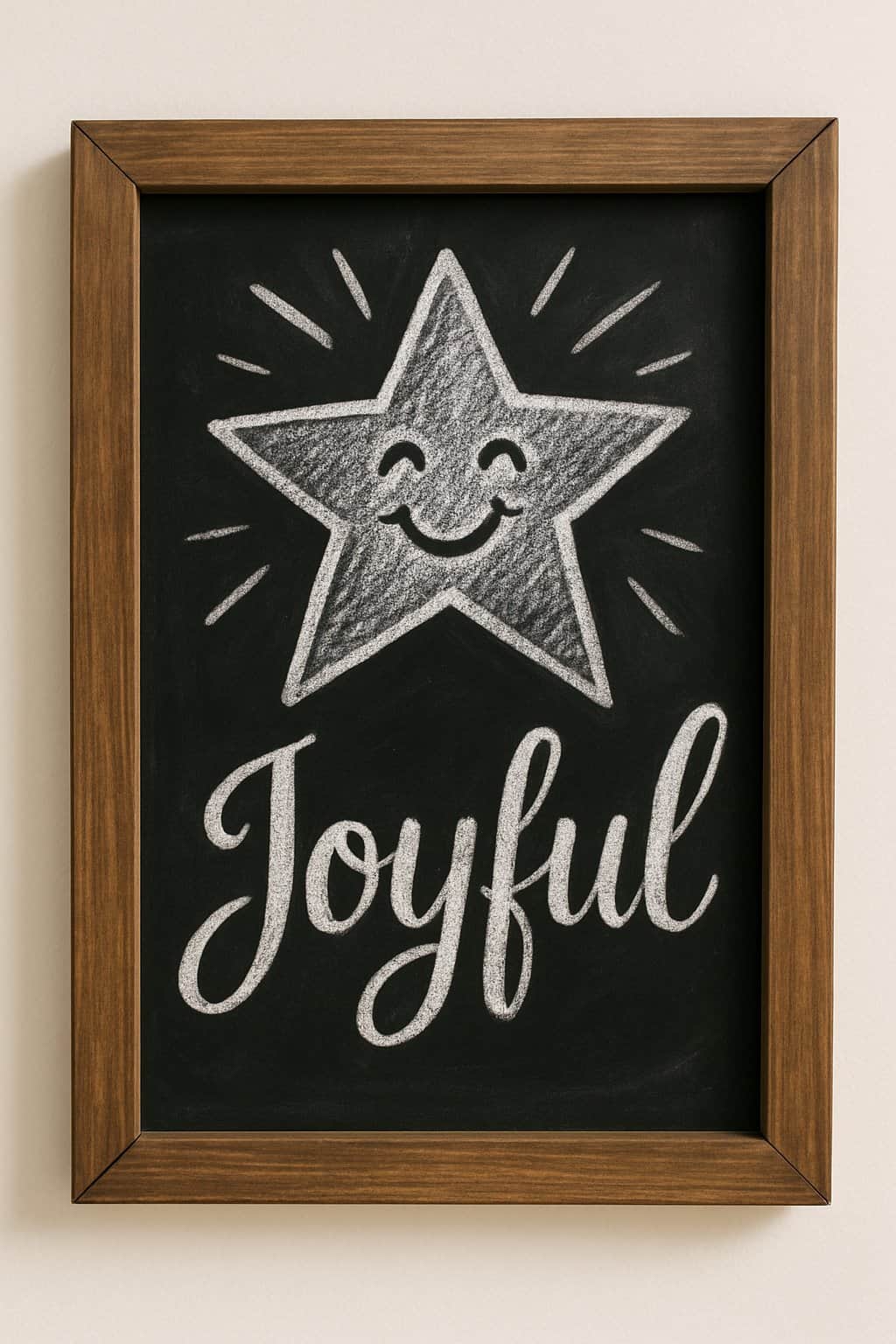 A wooden framed chalkboard with a joyful star drawing and seasonal decorations on a clean background.