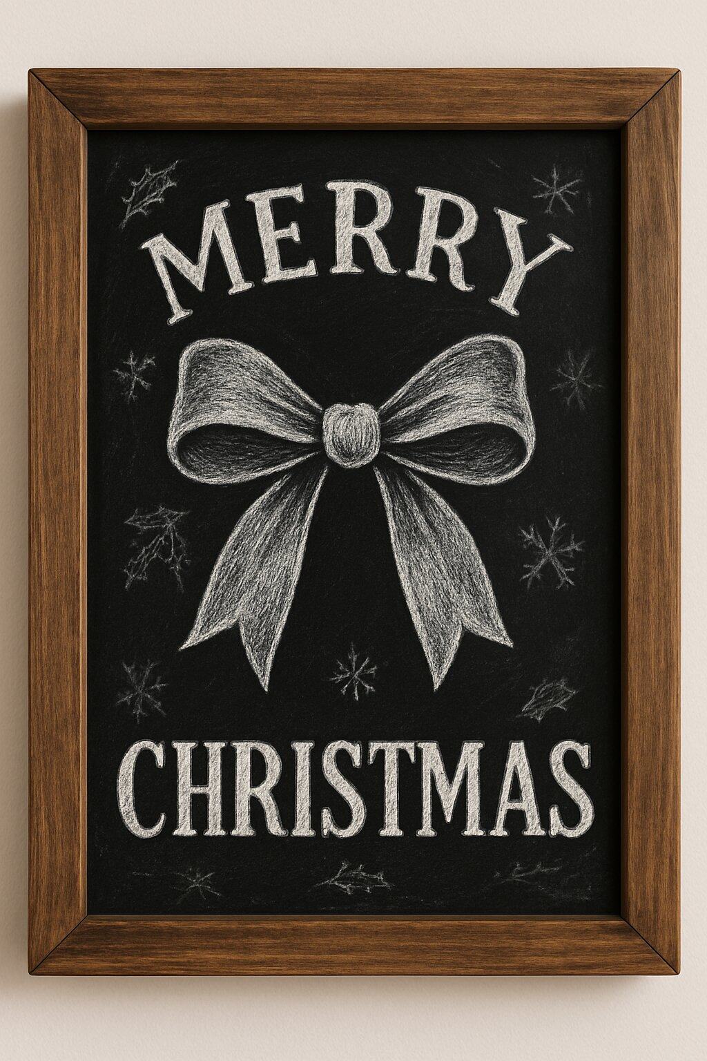 A wood framed chalkboard sign with a simple bow design and decorative Christmas elements drawn on it.