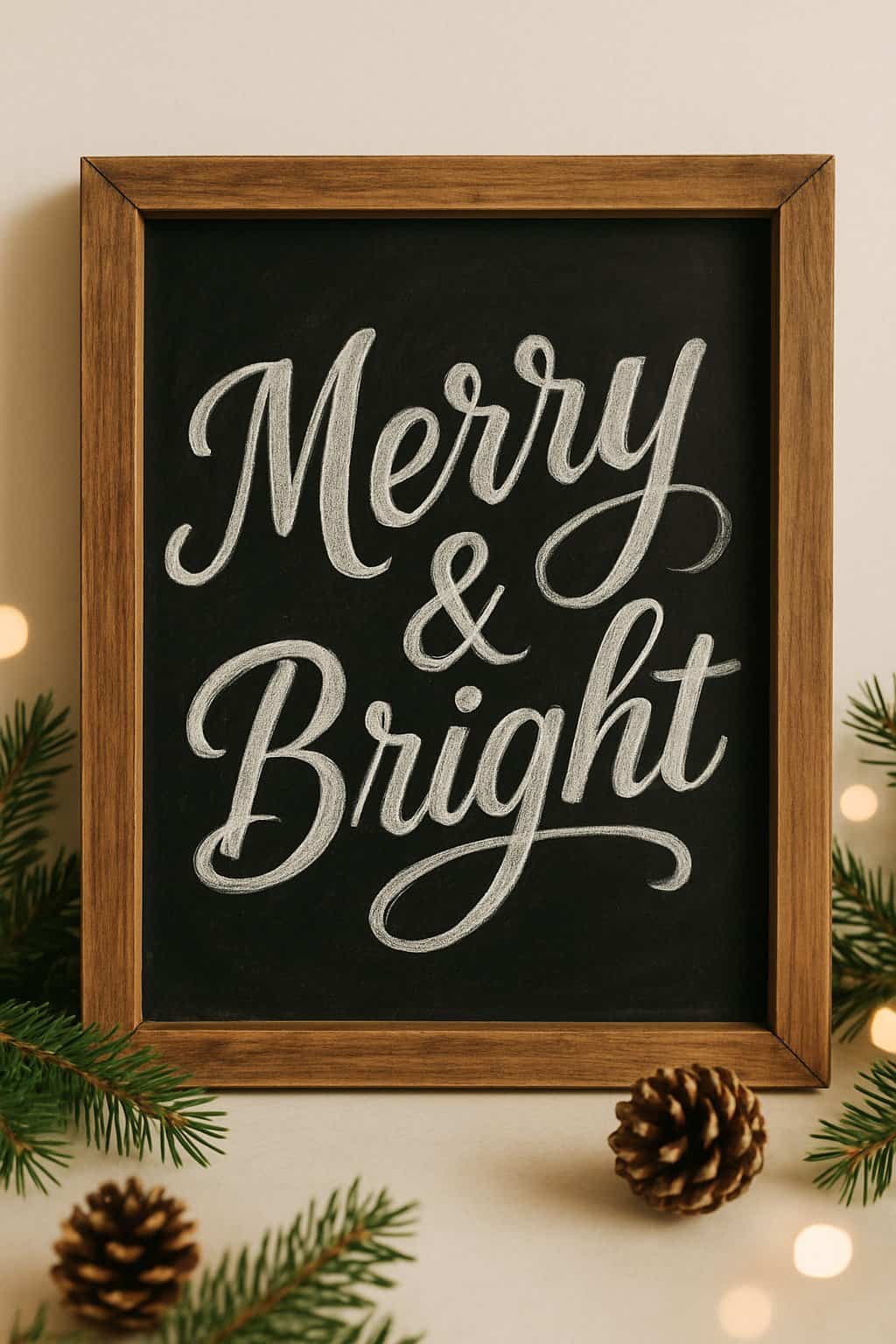 A wood-framed chalkboard sign with elegant hand-lettered script surrounded by pine branches and soft Christmas lights.