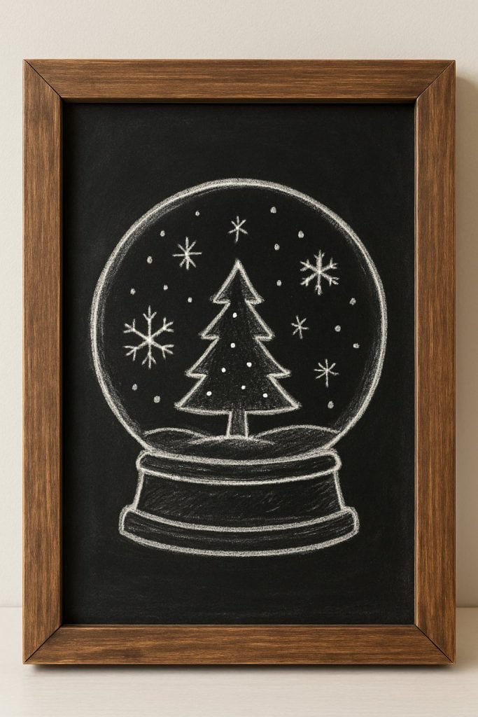 A framed chalk drawing of a snow globe featuring a Christmas tree and snowflakes inside, set against a black background.