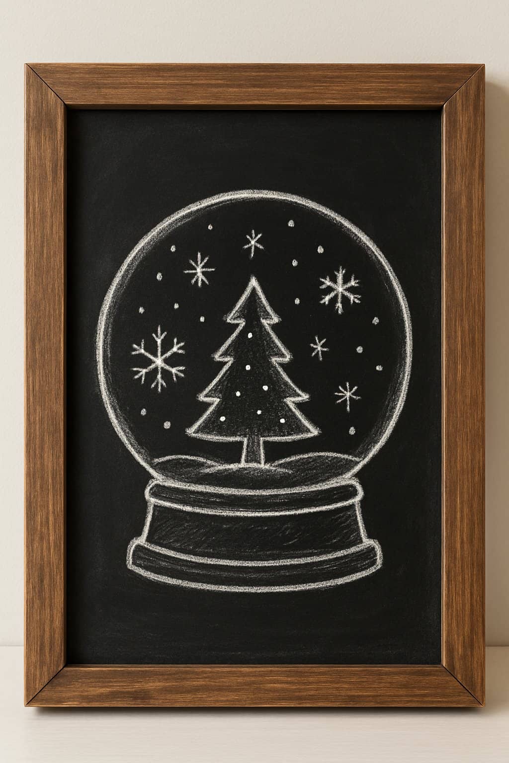 A wood-framed chalkboard with a simple snow globe drawing featuring snowflakes and holiday elements.