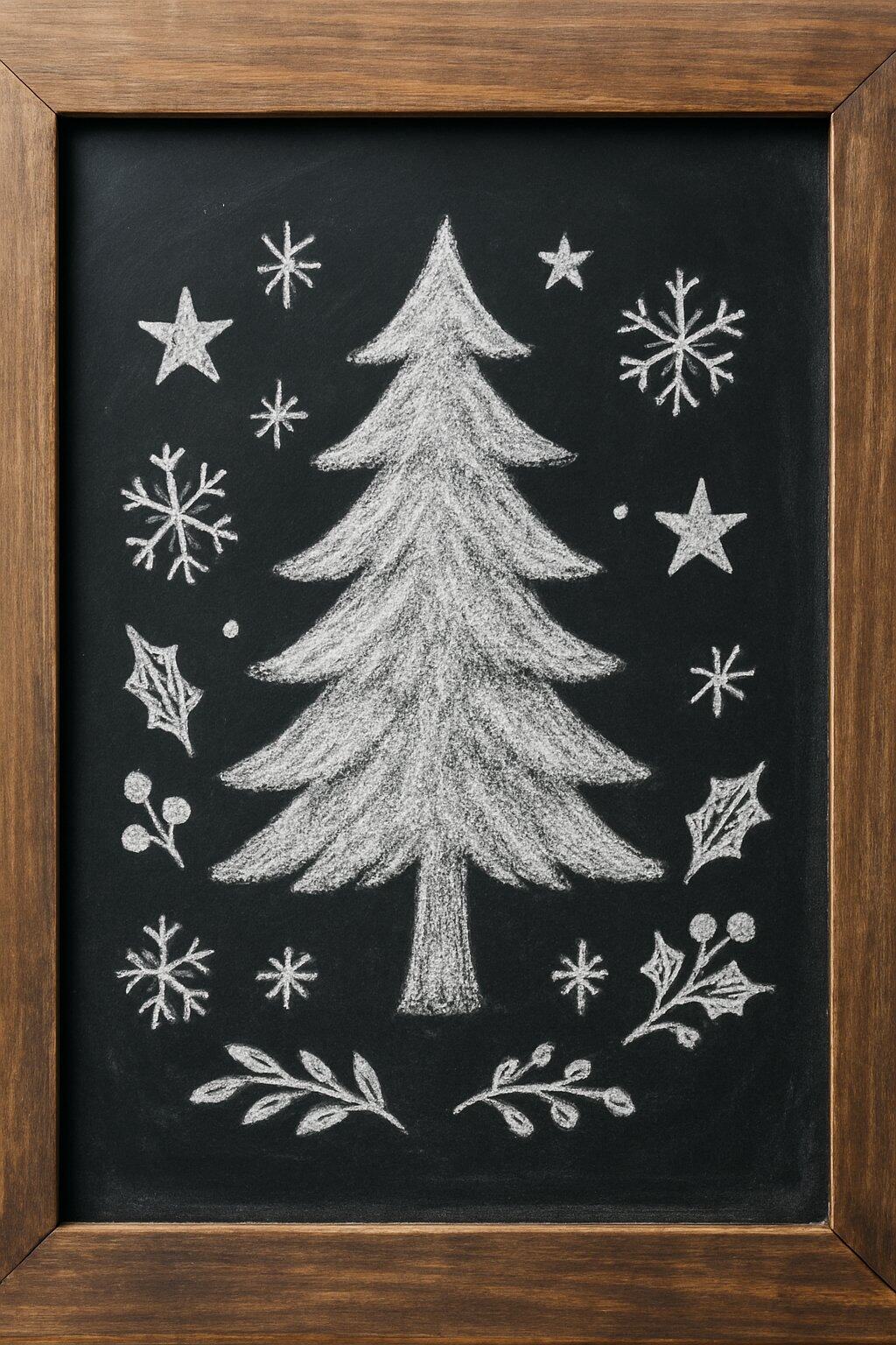 A wood framed chalkboard displaying a large pine tree silhouette with simple seasonal decorations on a clean dark surface.