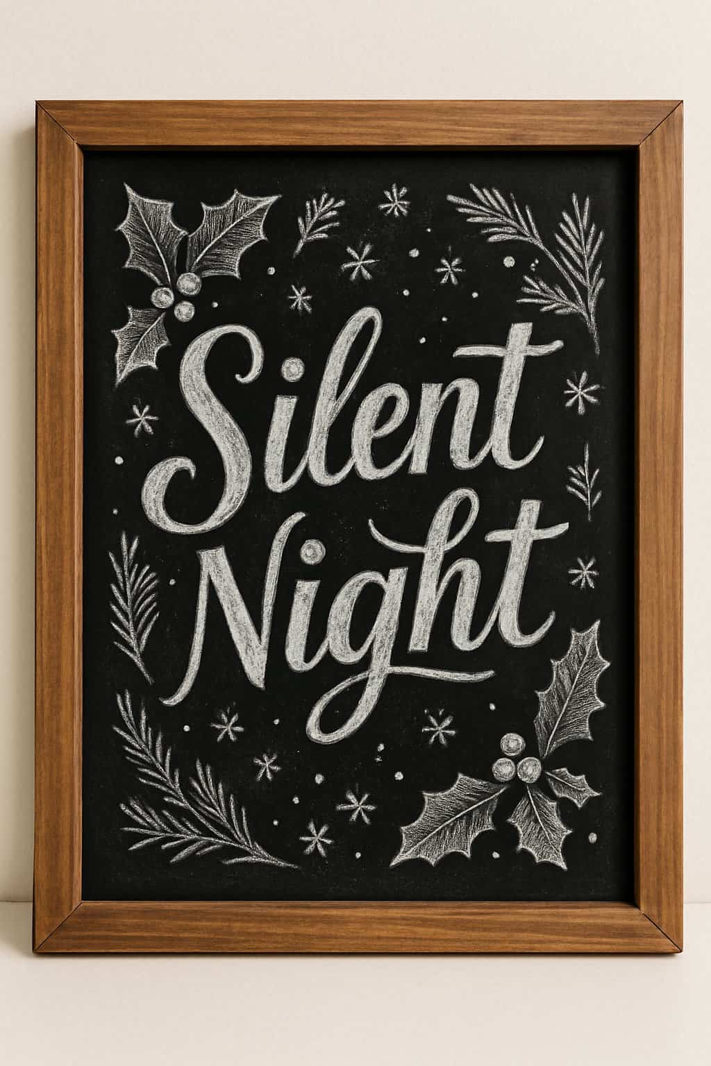 A wooden framed chalkboard sign with artistic white chalk lettering and seasonal decorations on a clean background.
