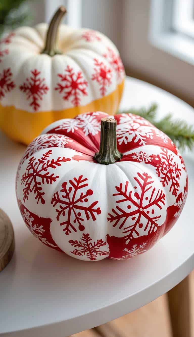 One to two pumpkins painted with red and white snowflake patterns placed on a tabletop.