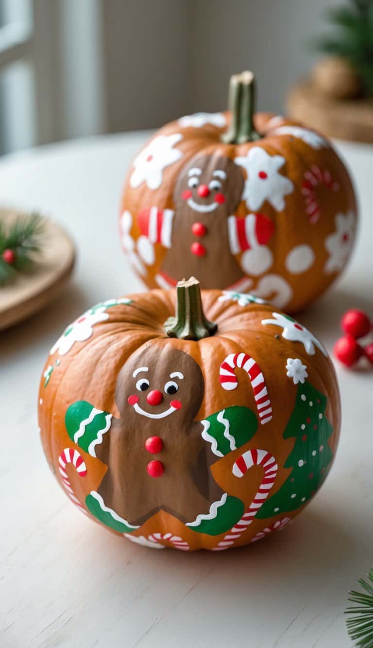 One to two pumpkins painted with colorful gingerbread man designs on a wooden tabletop, brightly lit by natural daylight.