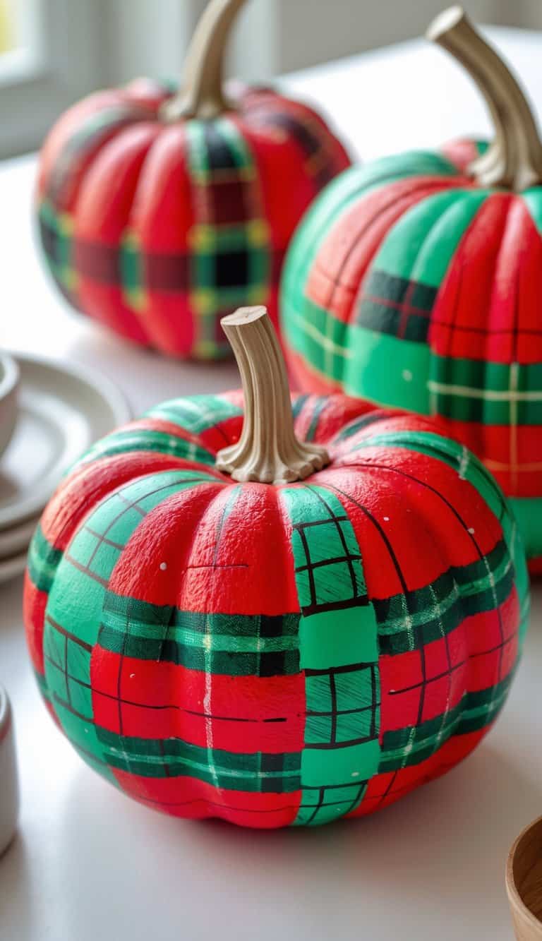 One to two pumpkins painted with red and green plaid patterns on a clean tabletop.