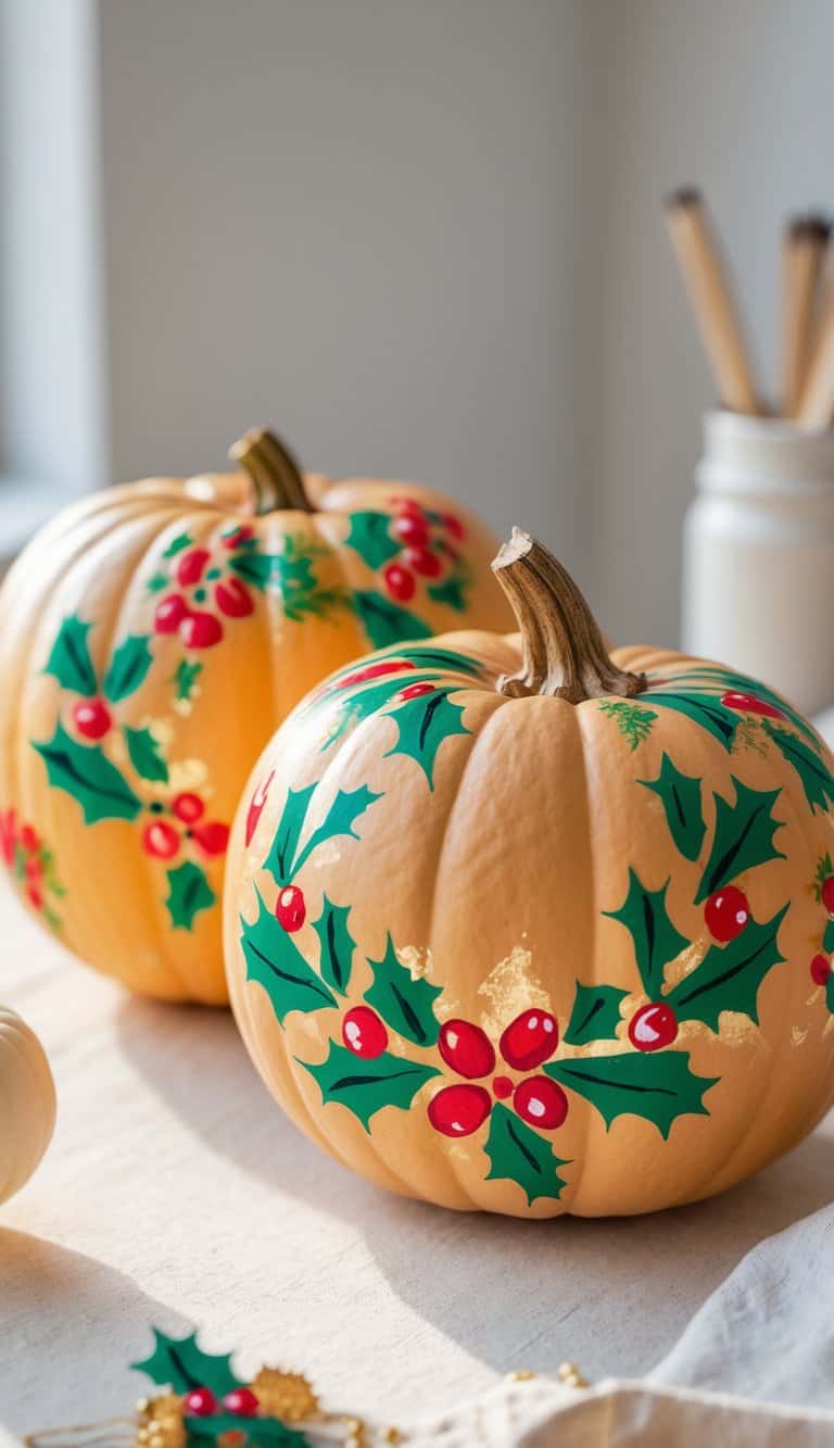 One to two pumpkins painted with colorful Christmas wreath designs on a clean tabletop.
