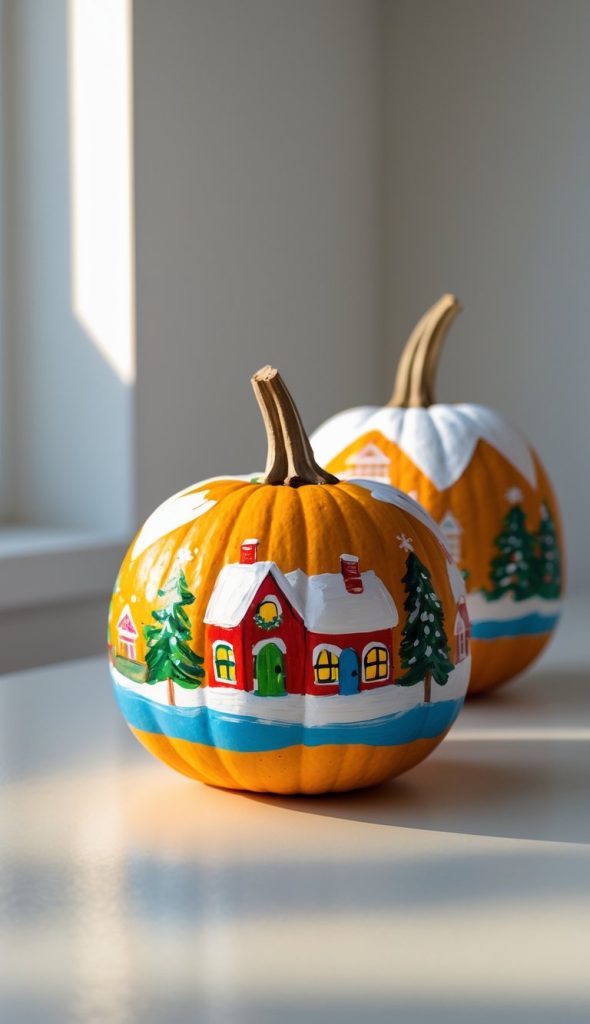 Two pumpkins are painted with colorful winter village scenes, featuring snowy roofs, houses, pine trees, and blue skies, placed on a sunlit white surface near a window.