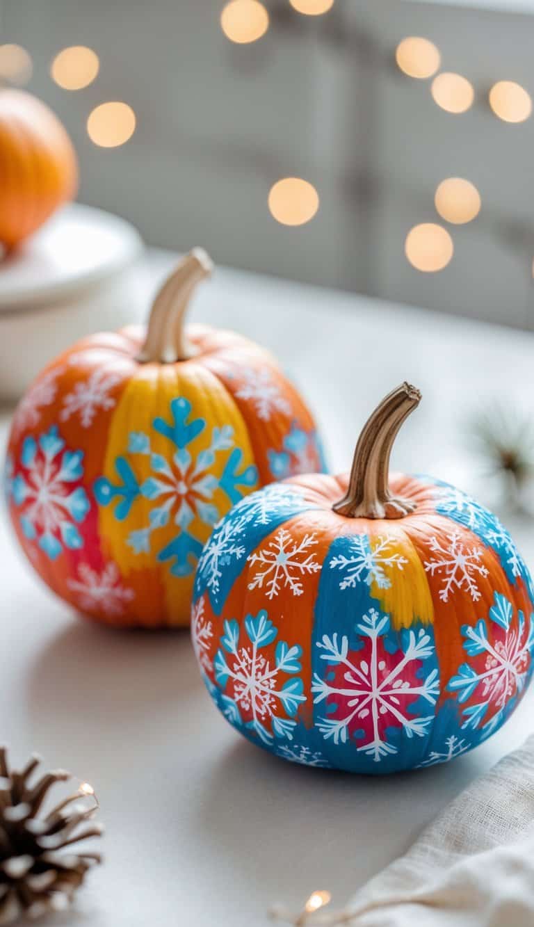 One to two small pumpkins painted with colorful snowflake mandala designs on a clean tabletop.