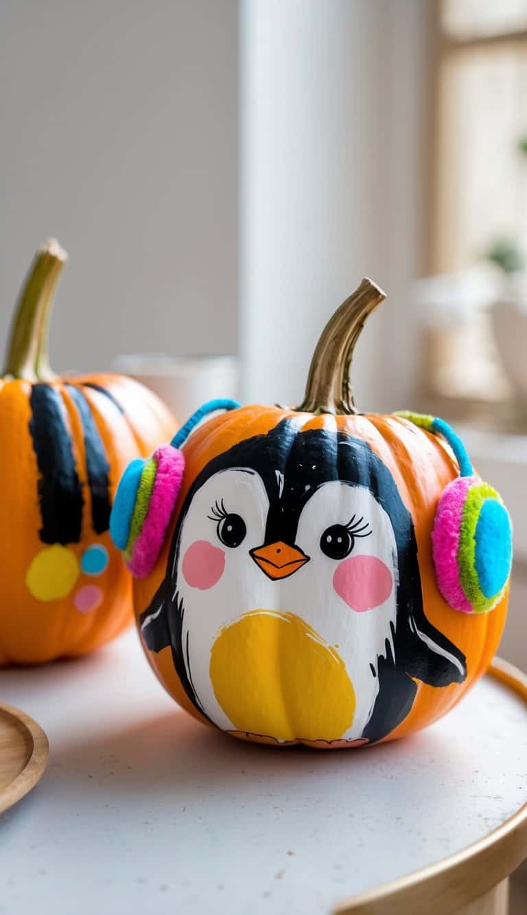 One or two painted pumpkins on a tabletop featuring a cute penguin wearing earmuffs.