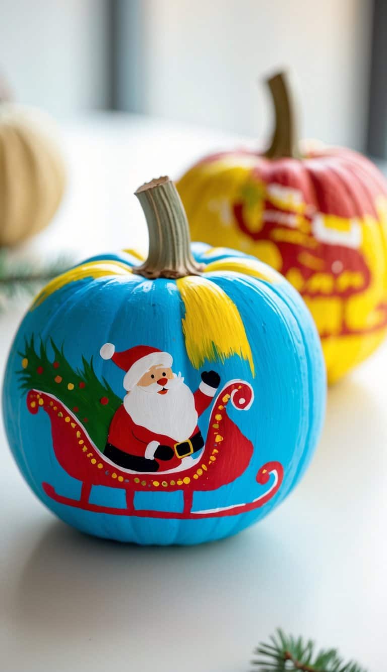 One or two pumpkins painted with colorful Santa’s sleigh silhouettes on a clean tabletop.