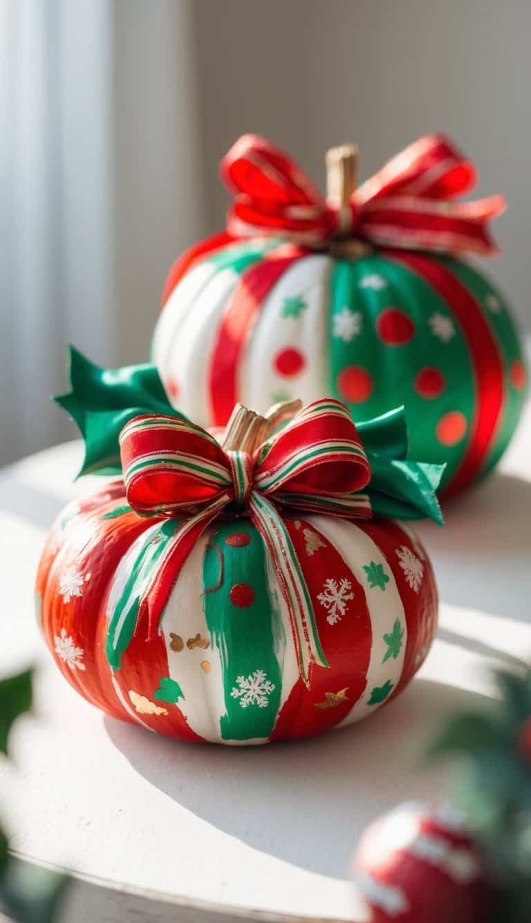 Close-up of one or two painted pumpkins decorated with festive bows and ribbons on a tabletop.