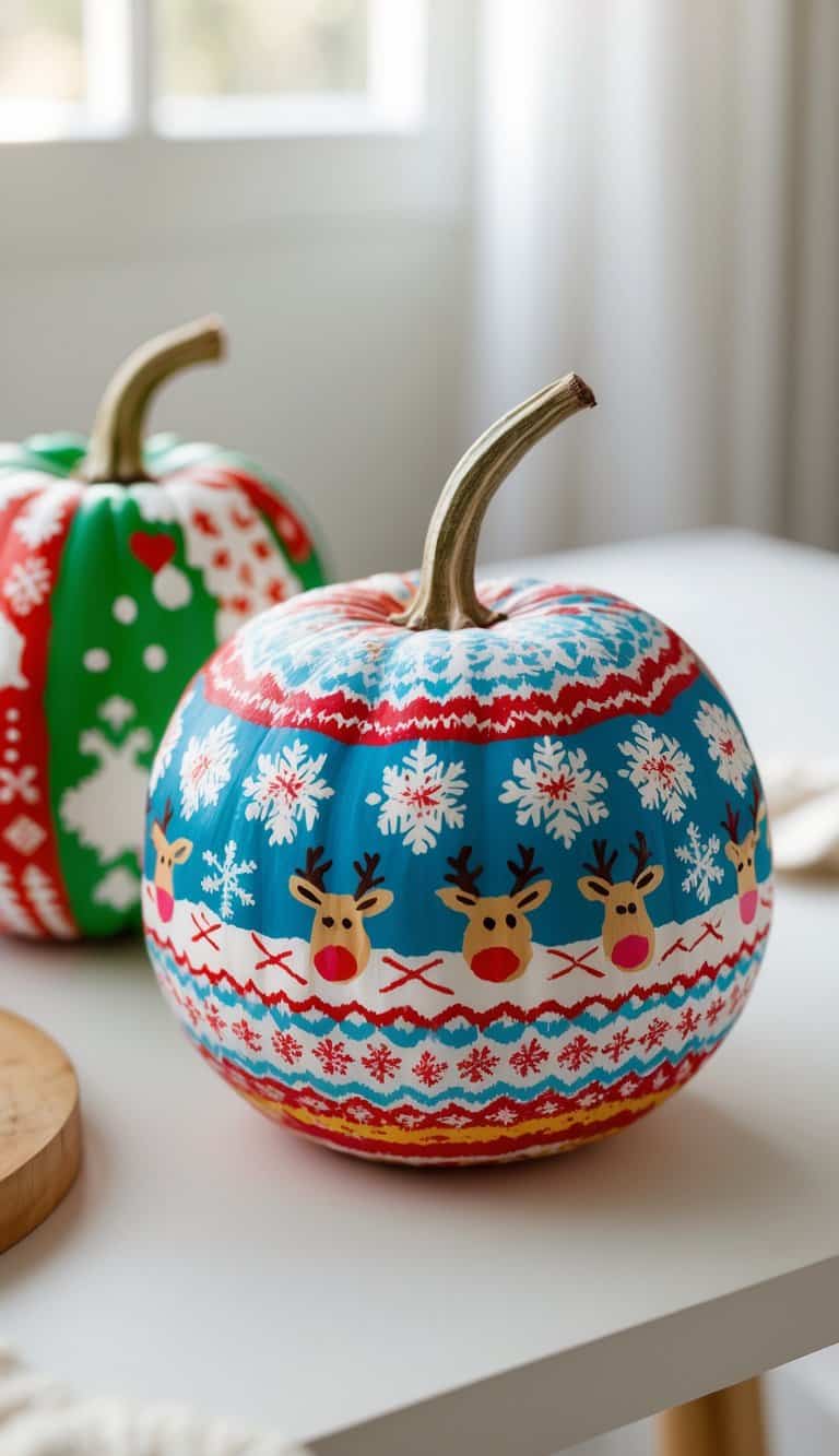 One to two pumpkins painted with colorful holiday sweater patterns on a clean tabletop.