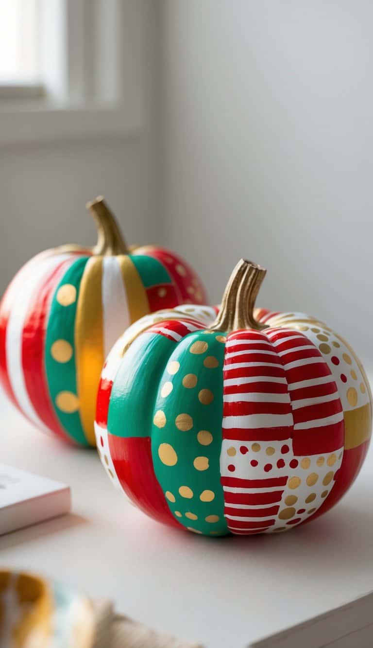 Close-up of one or two brightly painted pumpkins with colorful holiday-themed designs on a clean tabletop.