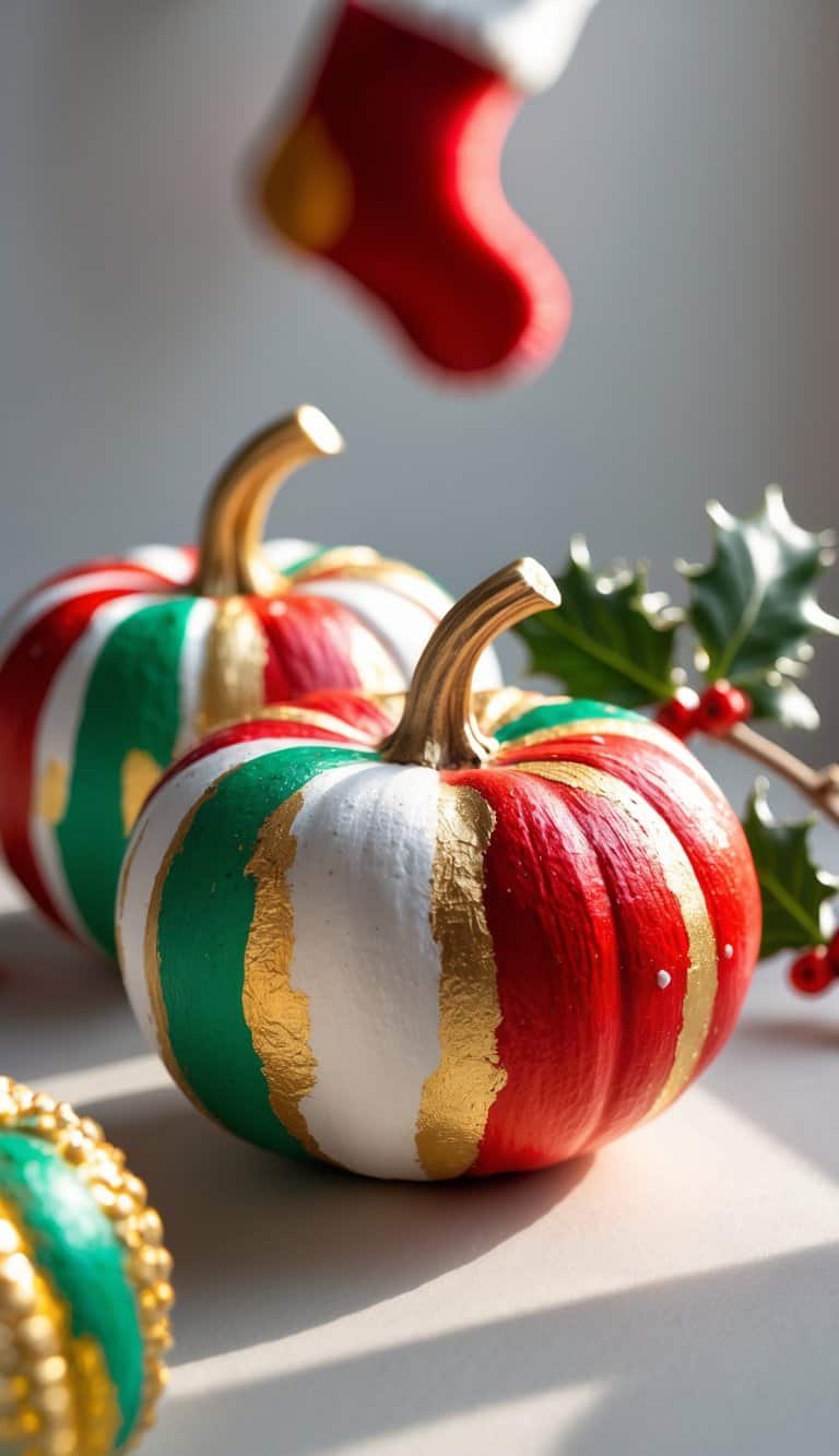One to two brightly painted pumpkins with Christmas-themed designs placed on a tabletop with soft daylight lighting.