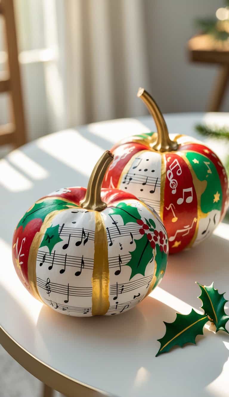 Close-up of one or two pumpkins painted with colorful Christmas-themed musical notes and festive designs on a clean tabletop.