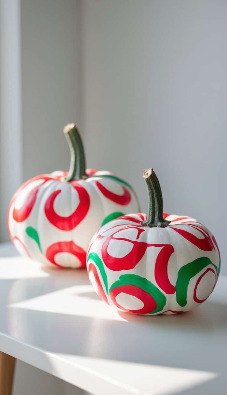 One to two pumpkins painted with red, white, and green peppermint swirl designs on a clean tabletop.