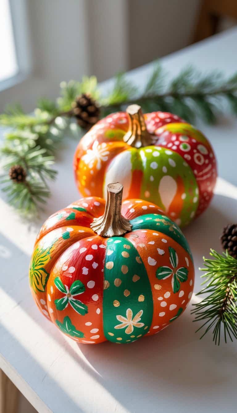 Close-up of one or two brightly painted pumpkins on a tabletop with a pine garland in the background.