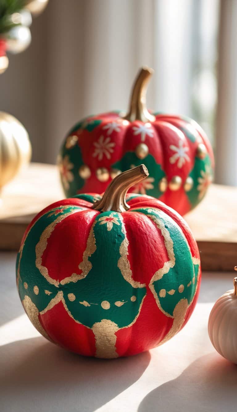 Close-up of one to two pumpkins painted with colorful Christmas designs on a clean tabletop.