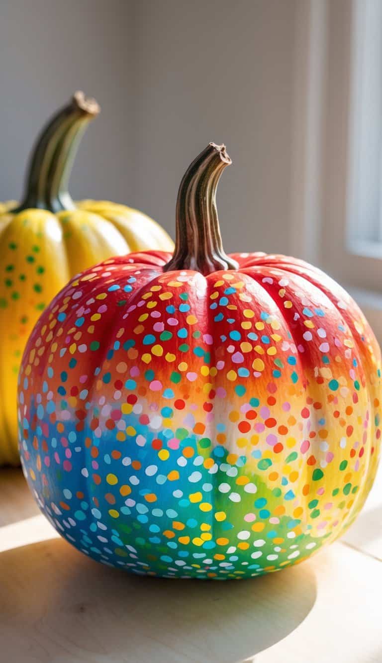Close-up of one to two pumpkins painted with colorful confetti dots fading from dense at the bottom to sparse at the top, placed on a clean tabletop.