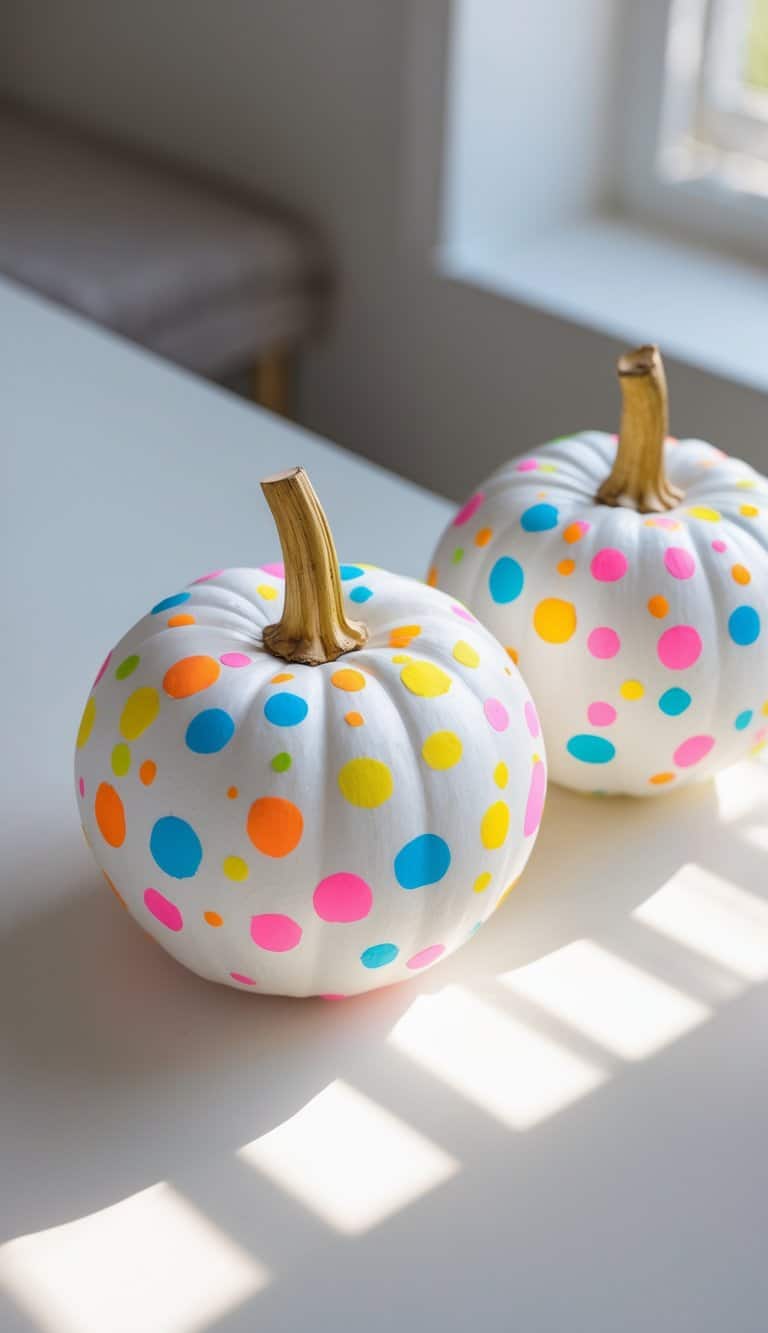 One to two white pumpkins painted with colorful neon confetti dots placed on a clean tabletop.