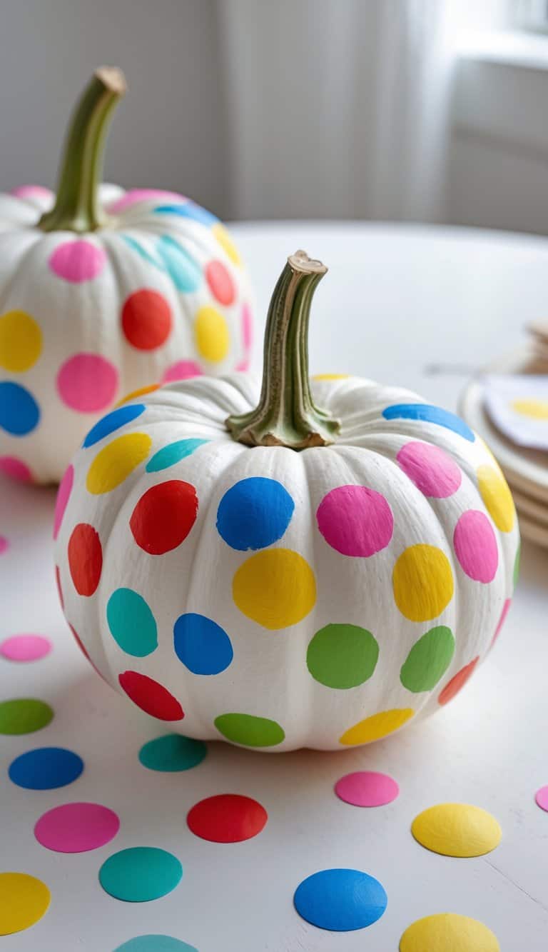 One to two pumpkins on a table painted with colorful confetti dots arranged evenly like polka dots.