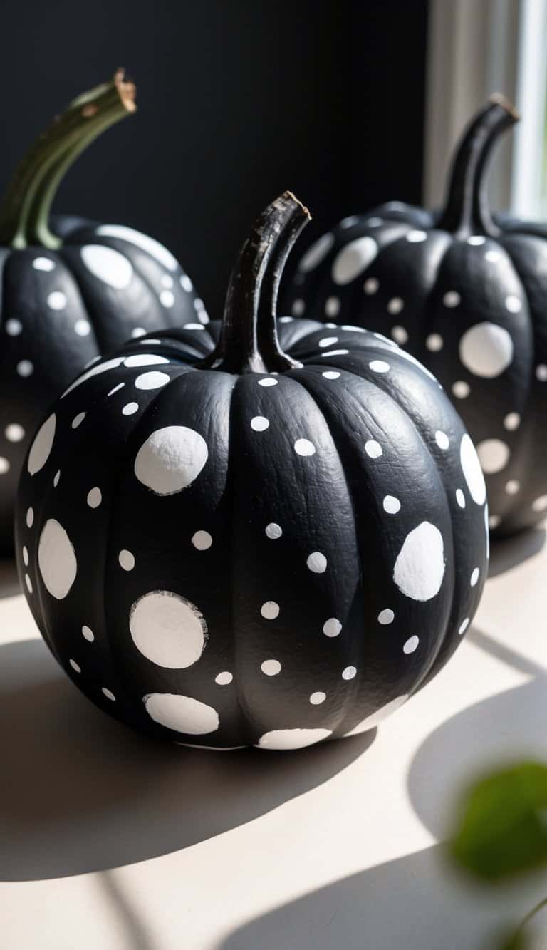 Close-up of one or two pumpkins painted black with white confetti dots on a tabletop.