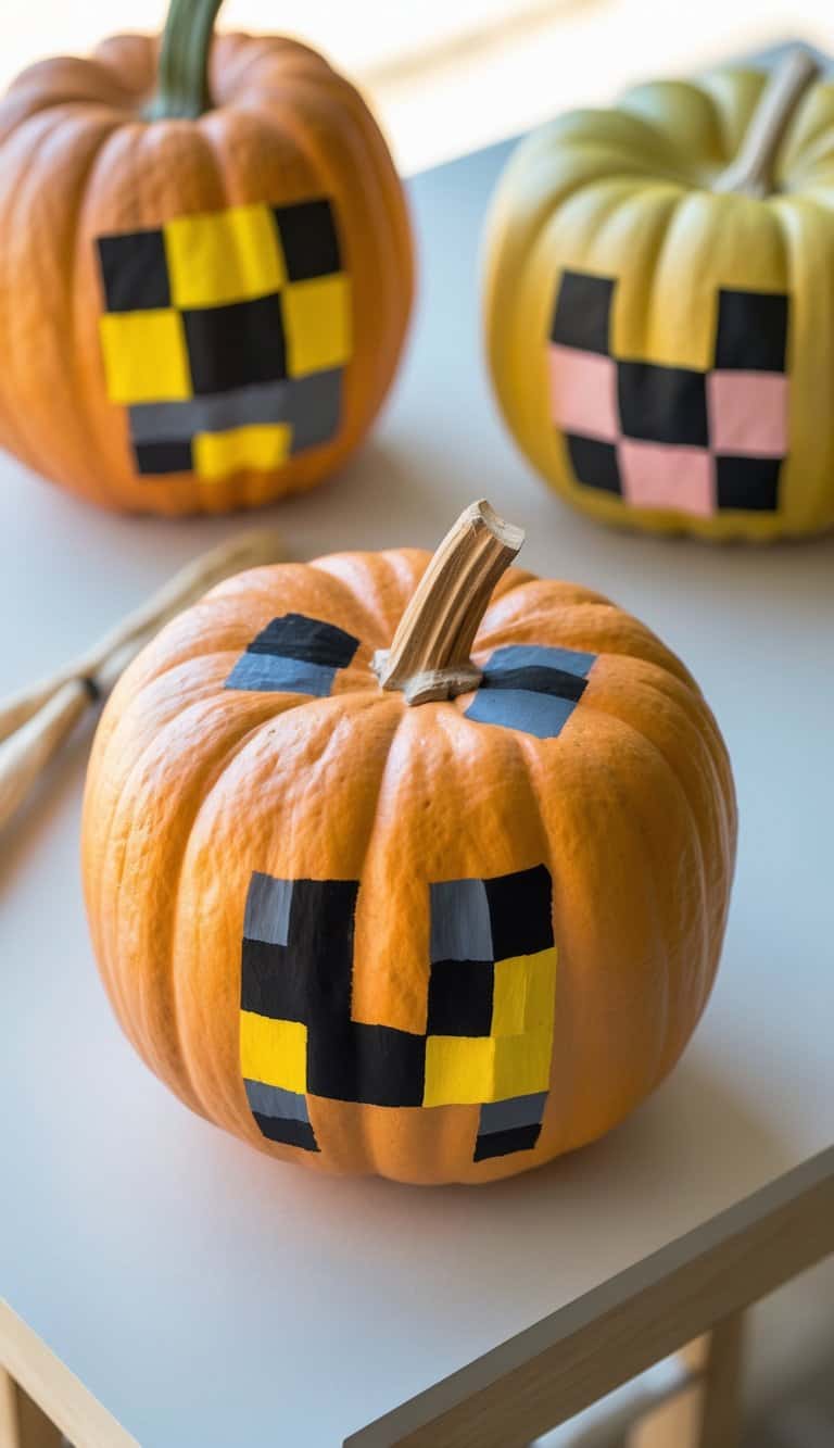 One to two painted pumpkins on a tabletop featuring pixelated Minecraft-style faces with bright orange and yellow paint.