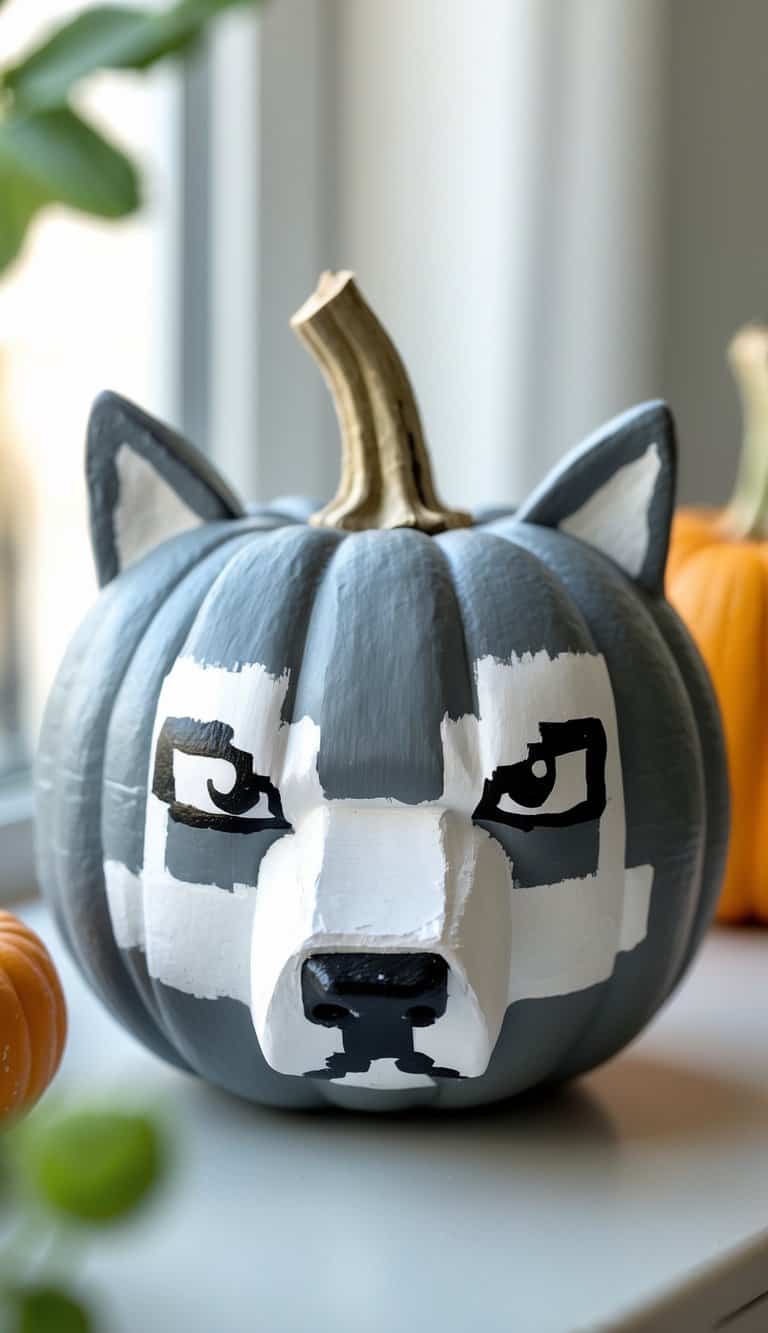 Close-up of one or two pumpkins painted with a grey and white Minecraft wolf face, displayed on a tabletop.