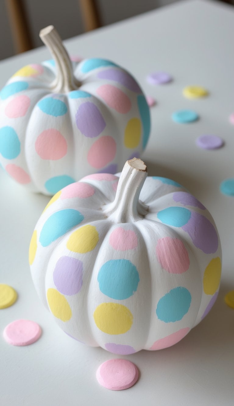 One to two white pumpkins on a tabletop decorated with colorful pastel confetti dots.