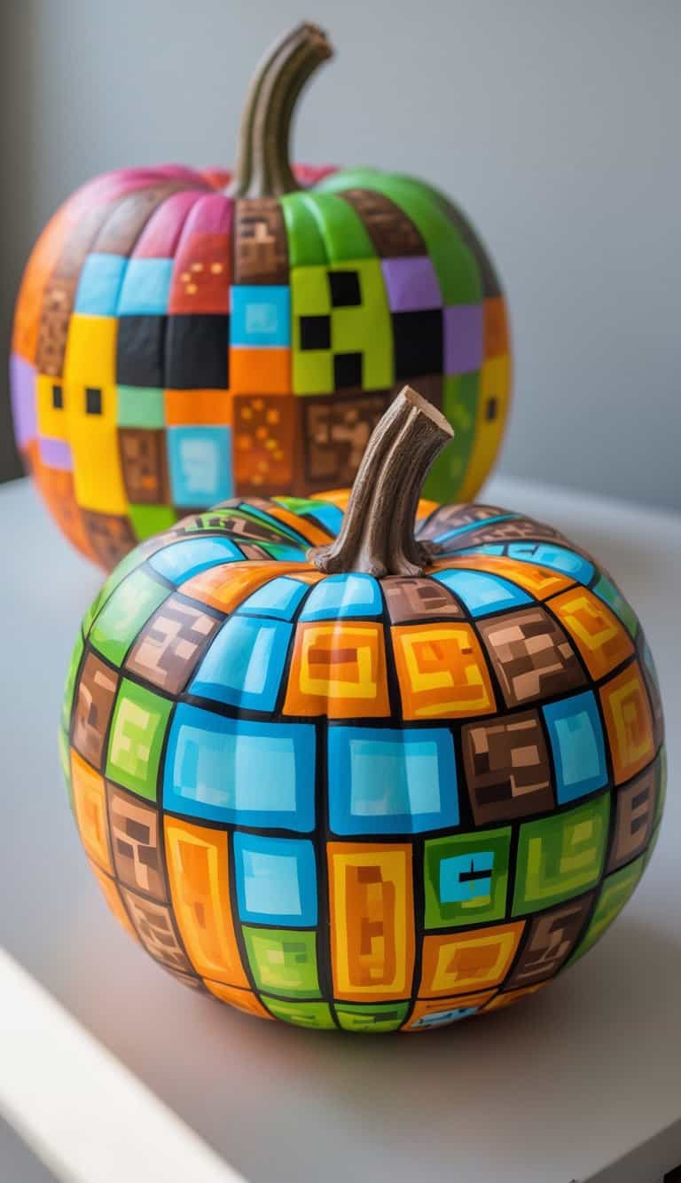 One to two pumpkins painted with Minecraft crafting table designs placed on a tabletop.