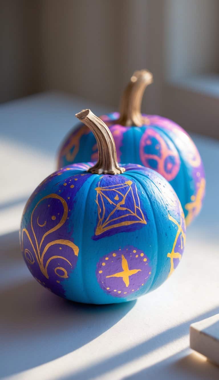 Close-up of one to two small pumpkins painted with bright blue and purple magical designs on a clean tabletop.
