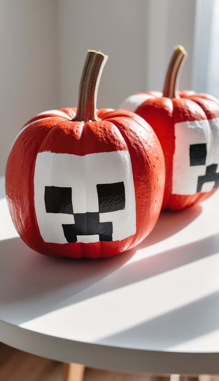 Close-up of one to two pumpkins painted like Minecraft TNT blocks on a tabletop.
