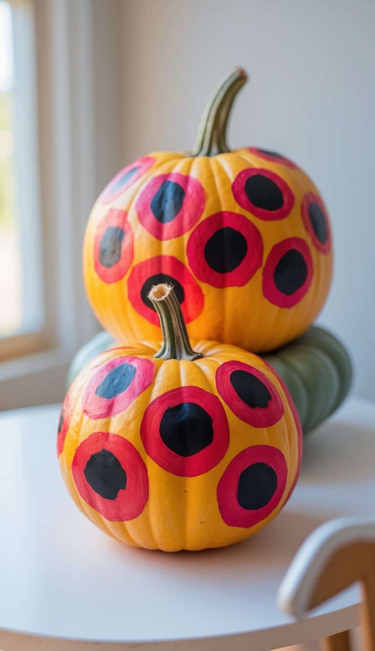 Close-up of one or two pumpkins painted with red circular eyes resembling a Minecraft spider's eye cluster on a clean tabletop.