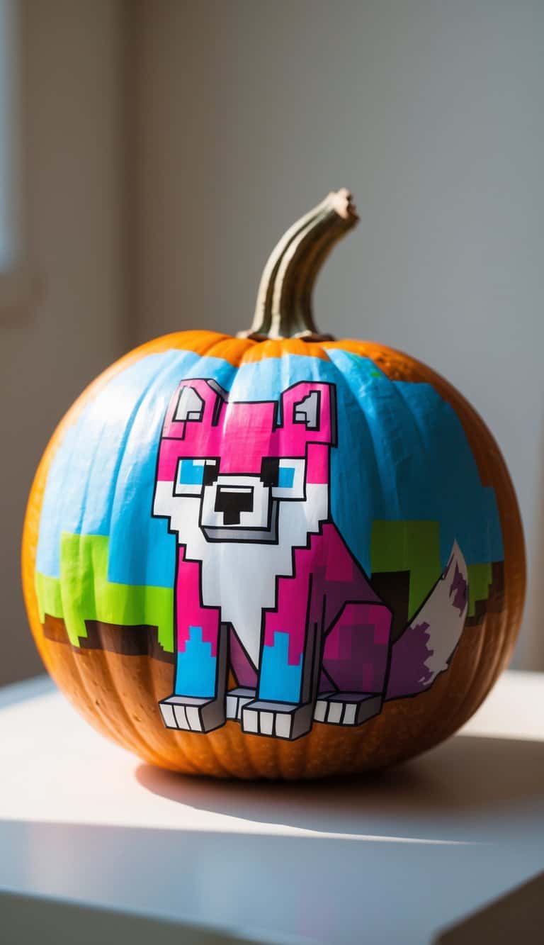 A round pumpkin painted with a colorful Minecraft wolf sitting pose on a tabletop.