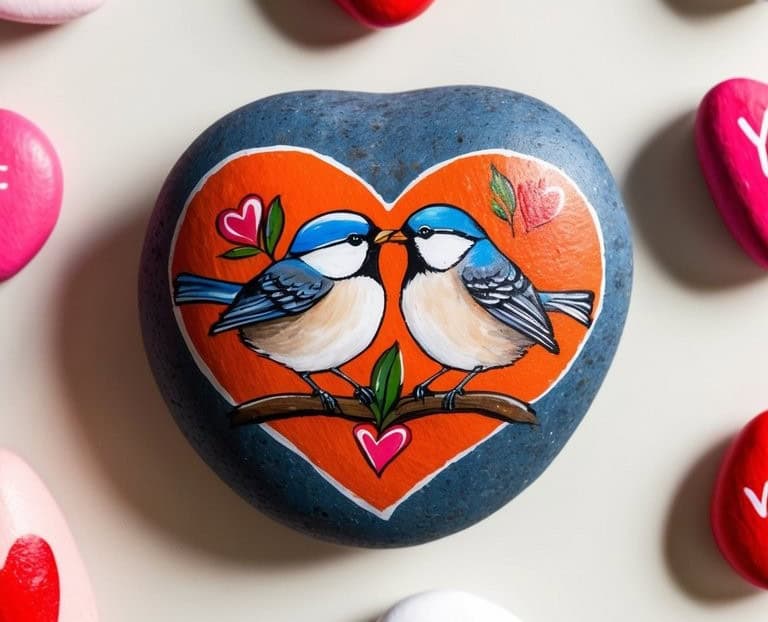 A heart-shaped stone painted with two blue and white birds facing each other on a branch, framed by an orange heart and small pink hearts. The stone is surrounded by pink and white heart-shaped objects.