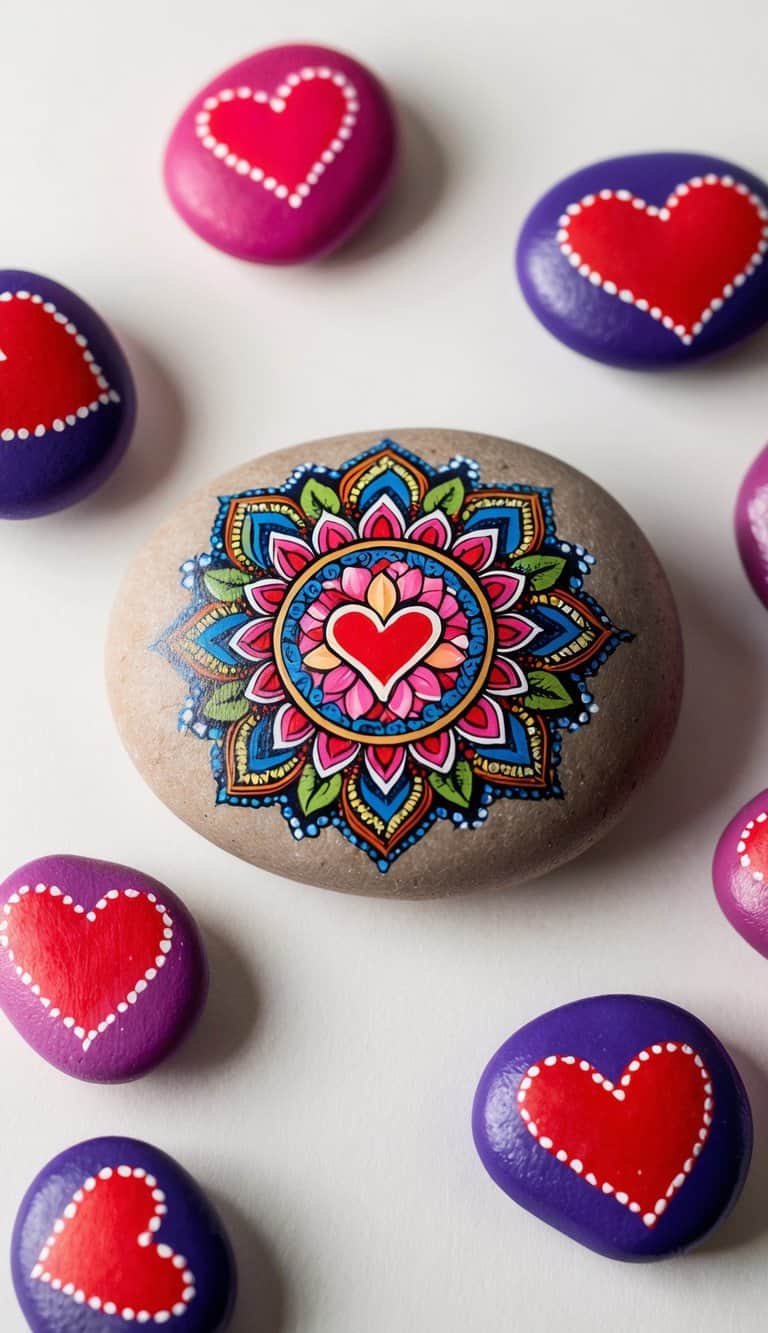 A mandala with a heart center surrounded by love-themed painted rocks