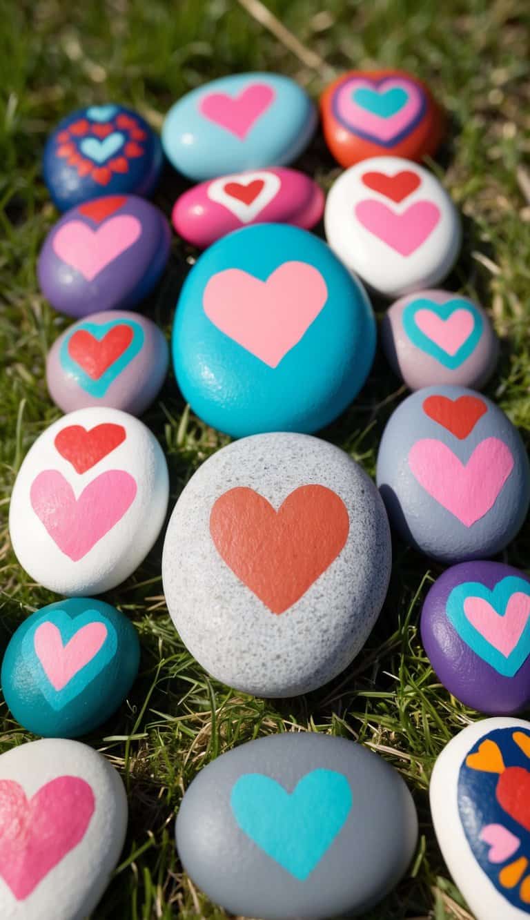 A collection of colorful rocks with love-themed patterns arranged on a grassy surface