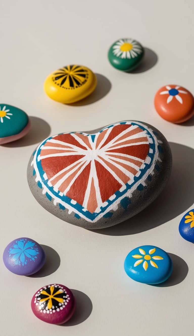 A heart-shaped rock with geometric patterns, surrounded by smaller painted rocks in various colors and designs
